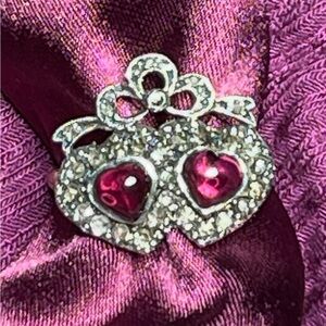 Antique Ring Rose Cut Garnet & Diamond 9 Carat Gold Double Heart & Bow Sz 6.5